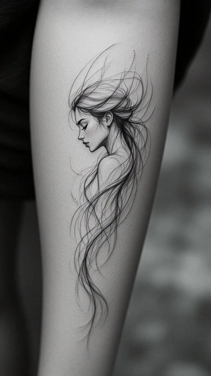 Ethereal Feminine Sketch | Fine Line Black & Grey Tattoo
